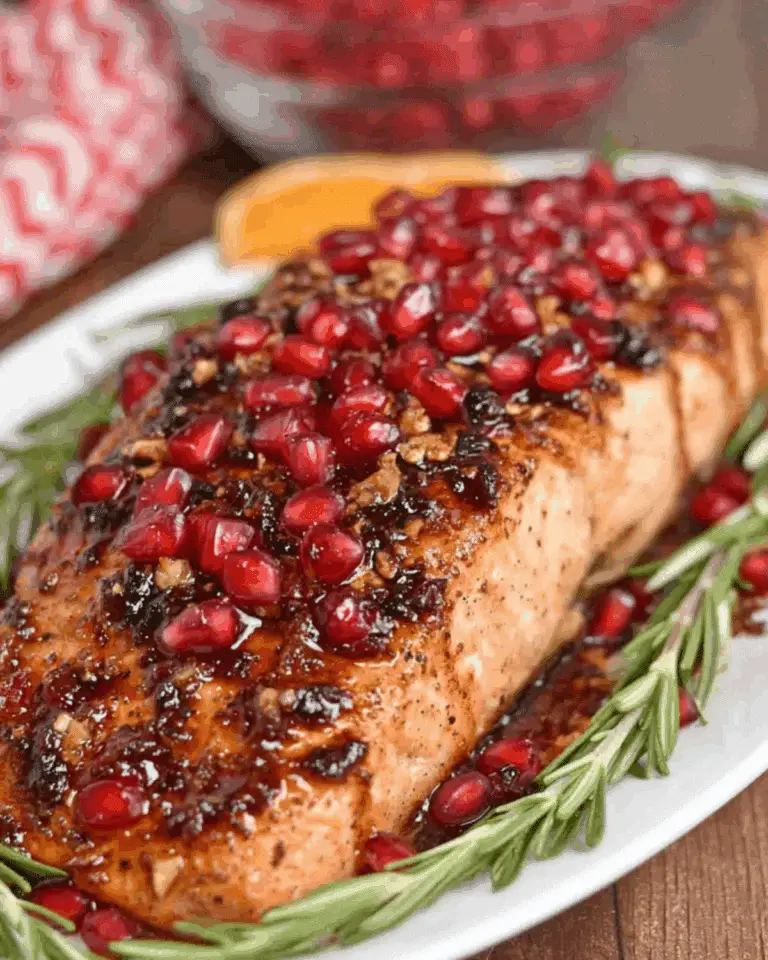 Christmas baked salmon topped with pomegranate seeds and glaze, garnished with fresh rosemary on a white platter.