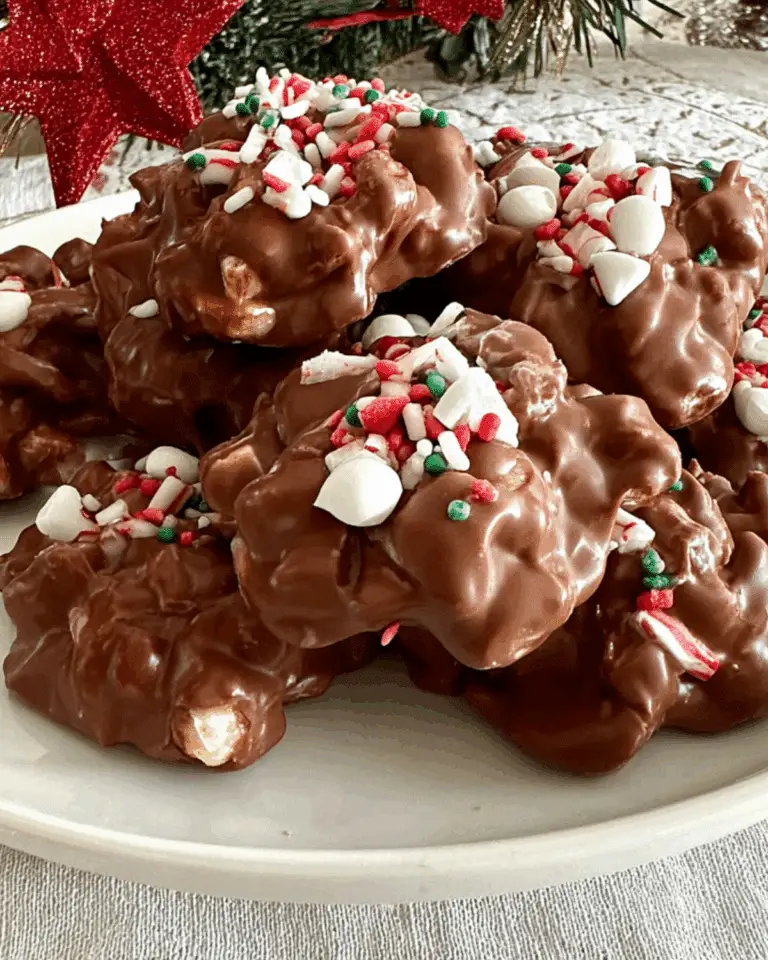 A plate of Christmas Crock Pot Candy topped with festive red, green, and white sprinkles and mini marshmallows.