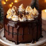 Christmas Fudge Cake with rich chocolate layers, glossy ganache drip, and golden-tipped meringue peaks on top.