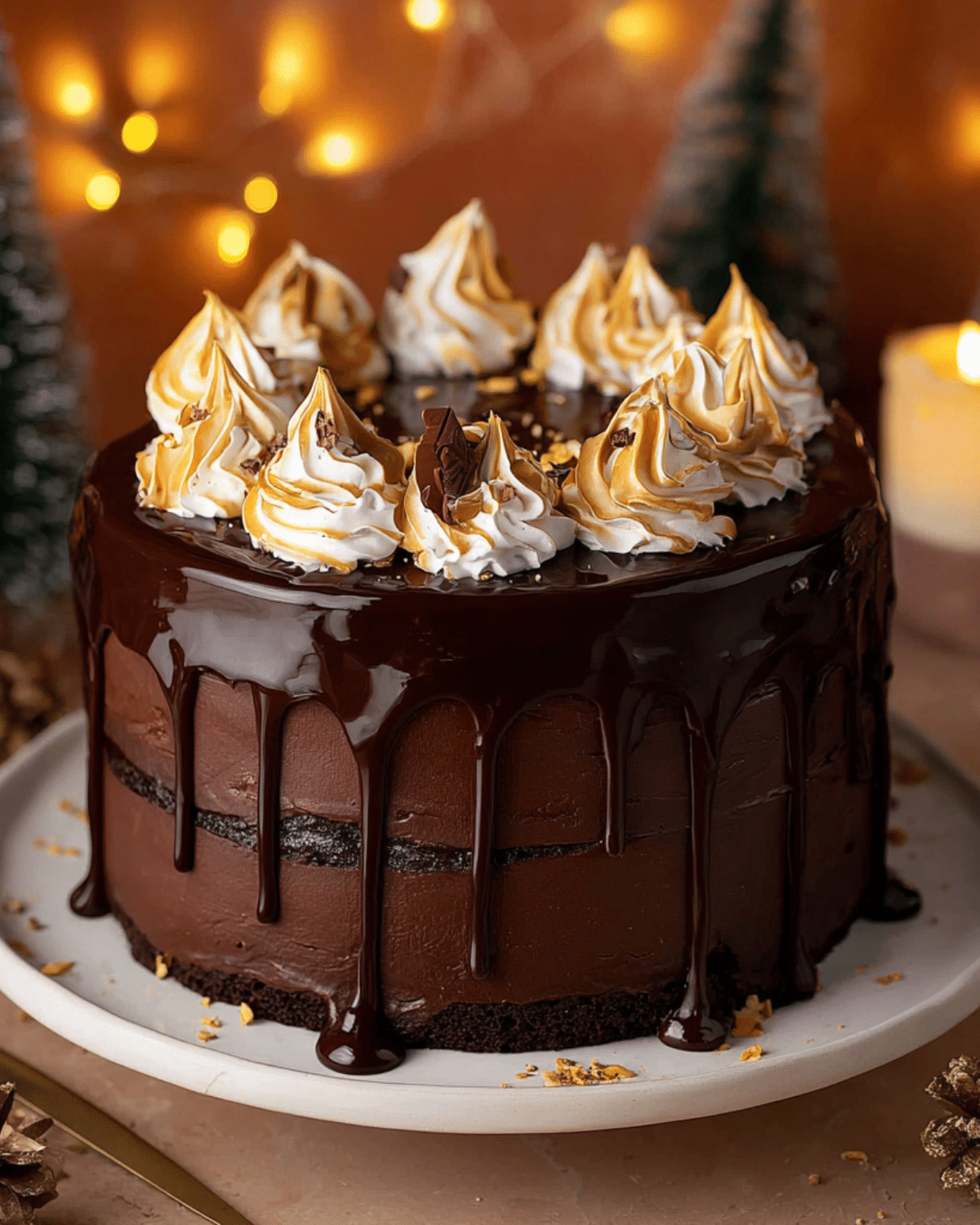 Christmas Fudge Cake with rich chocolate layers, glossy ganache drip, and golden-tipped meringue peaks on top.
