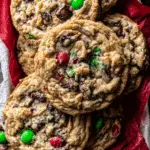 Christmas Monster Cookies loaded with red and green candies, chocolate chips, and oats, stacked in a festive tin.