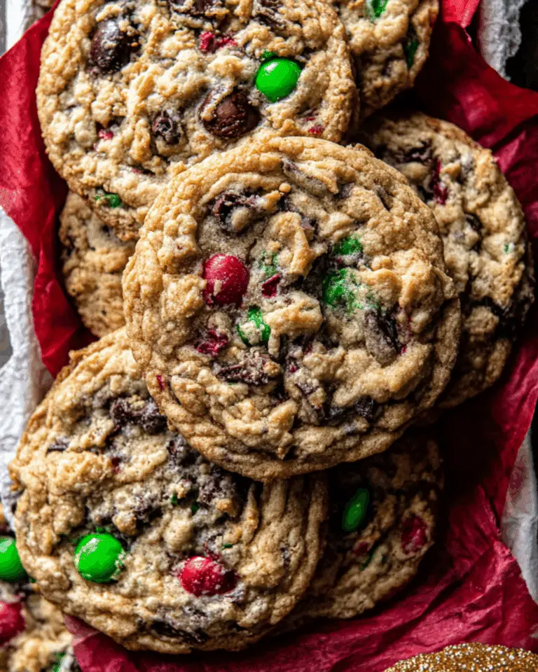 Christmas Monster Cookies loaded with red and green candies, chocolate chips, and oats, stacked in a festive tin.