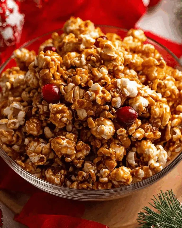 Bowl of Christmas Popcorn Candy coated in caramel with festive red candies, surrounded by holiday decorations.