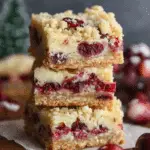 Stack of three homemade cranberry bars with crumb topping