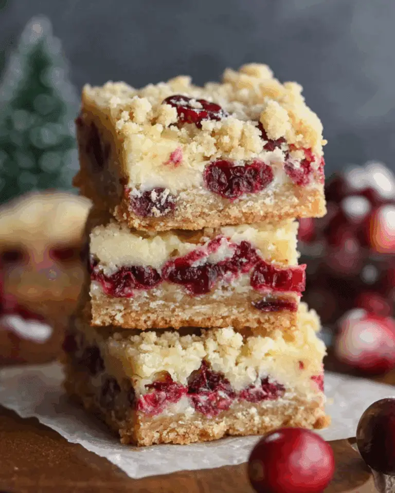 Stack of three homemade cranberry bars with crumb topping
