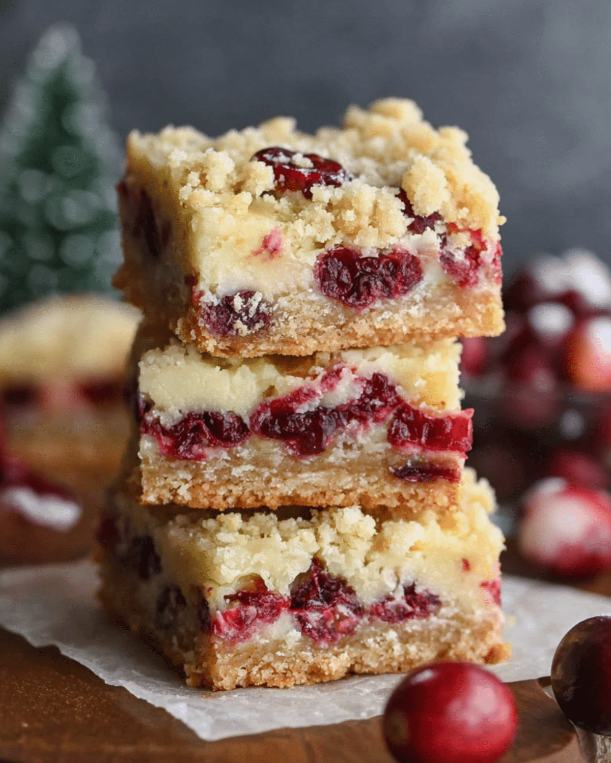 Stack of three homemade cranberry bars with crumb topping