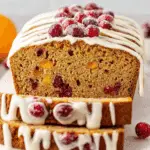 Sliced Cranberry Eggnog Bread topped with a white glaze and sugared cranberries.