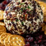 Cranberry pecan cheese ball coated in chopped pecans, cranberries, and herbs, served with crackers.