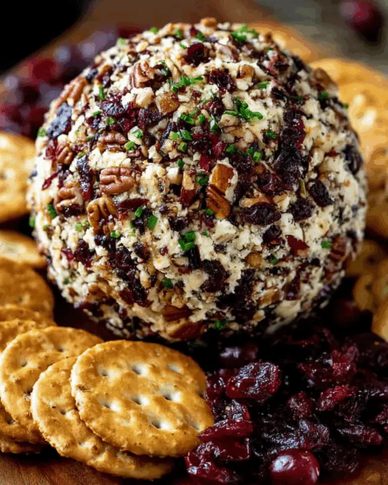 Cranberry pecan cheese ball coated in chopped pecans, cranberries, and herbs, served with crackers.