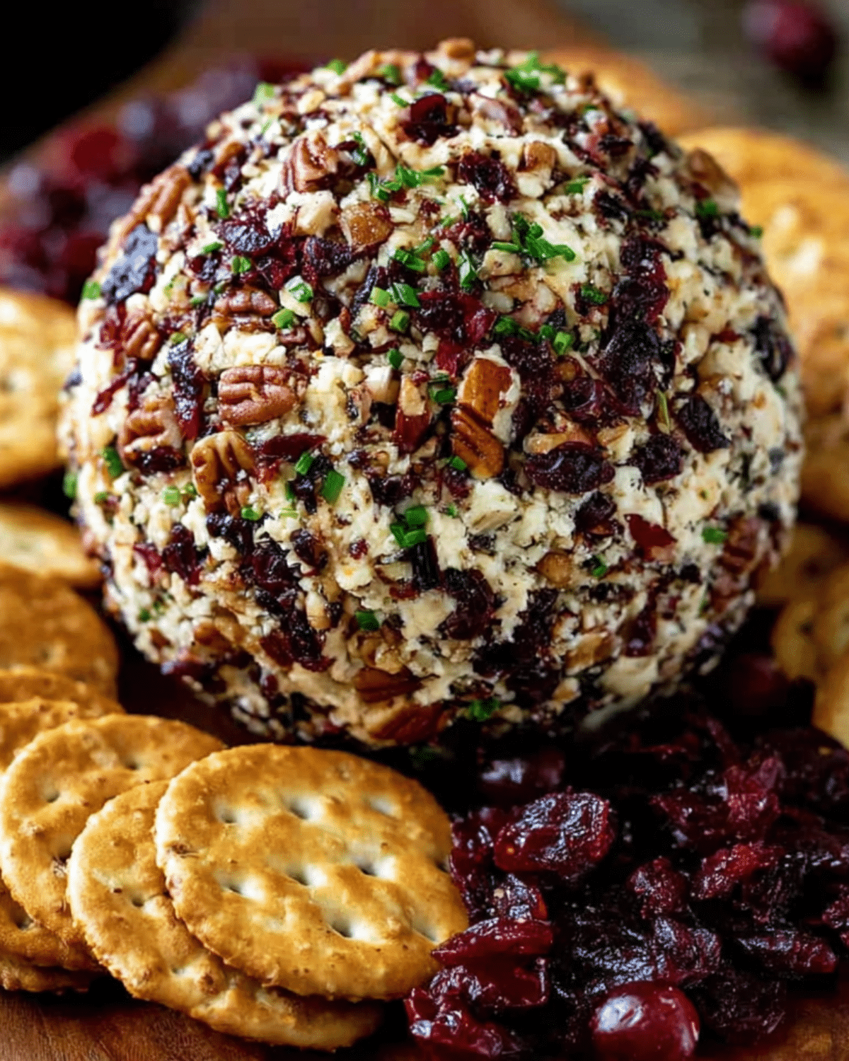 Cranberry pecan cheese ball coated in chopped pecans, cranberries, and herbs, served with crackers.