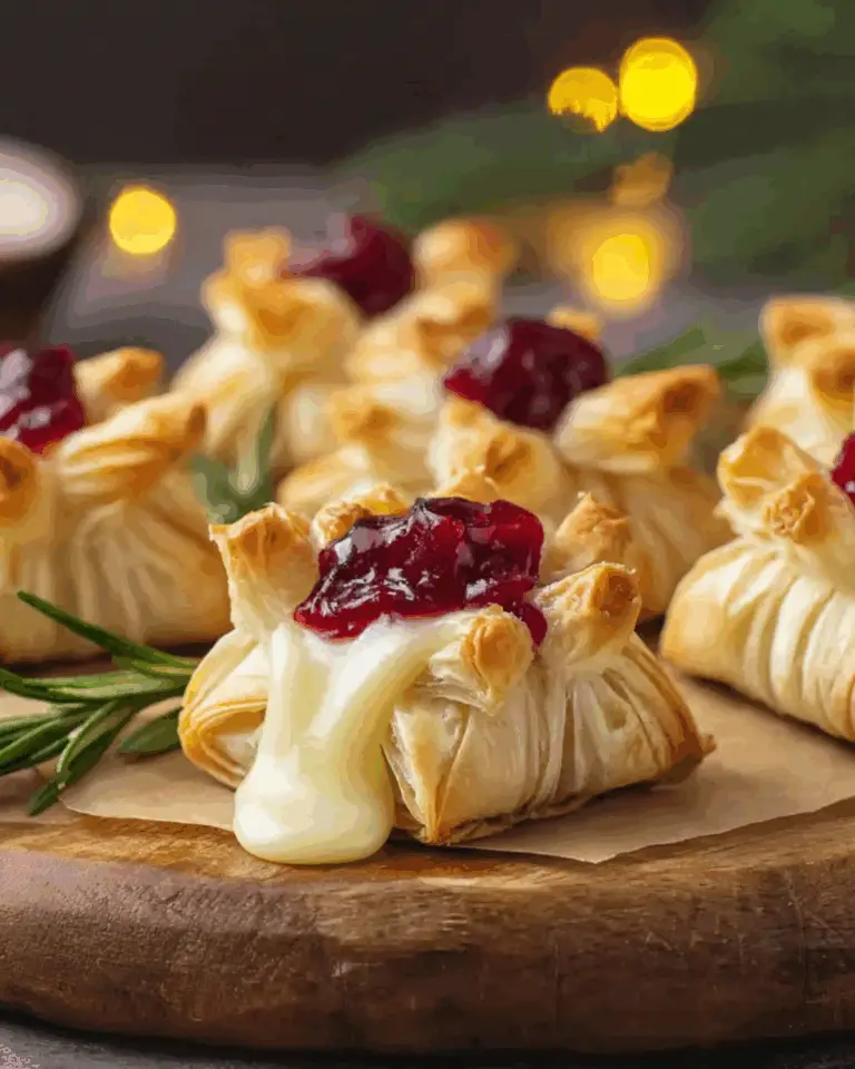 Golden-baked Cranberry and Brie Filo Crackers with melted brie oozing out, topped with cranberry sauce, served on a wooden board.