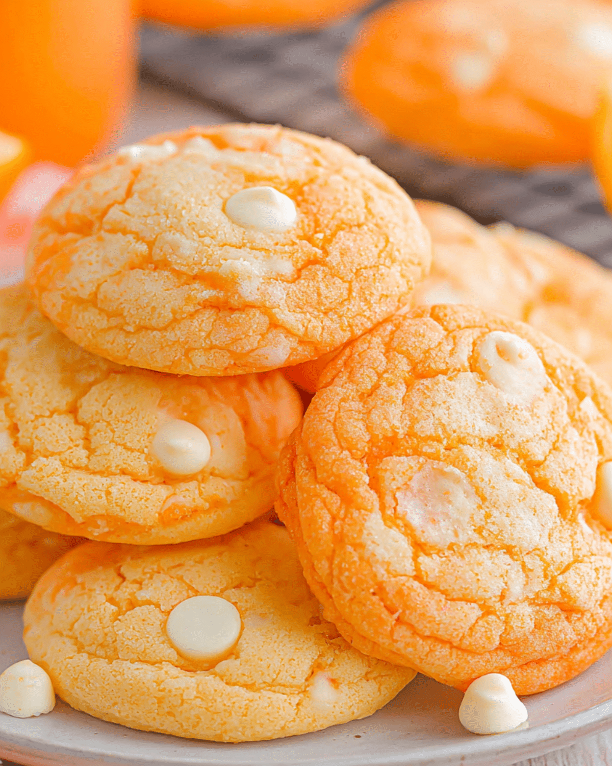 Stack of soft Creamsicle Cookies with white chocolate chips on a plate.