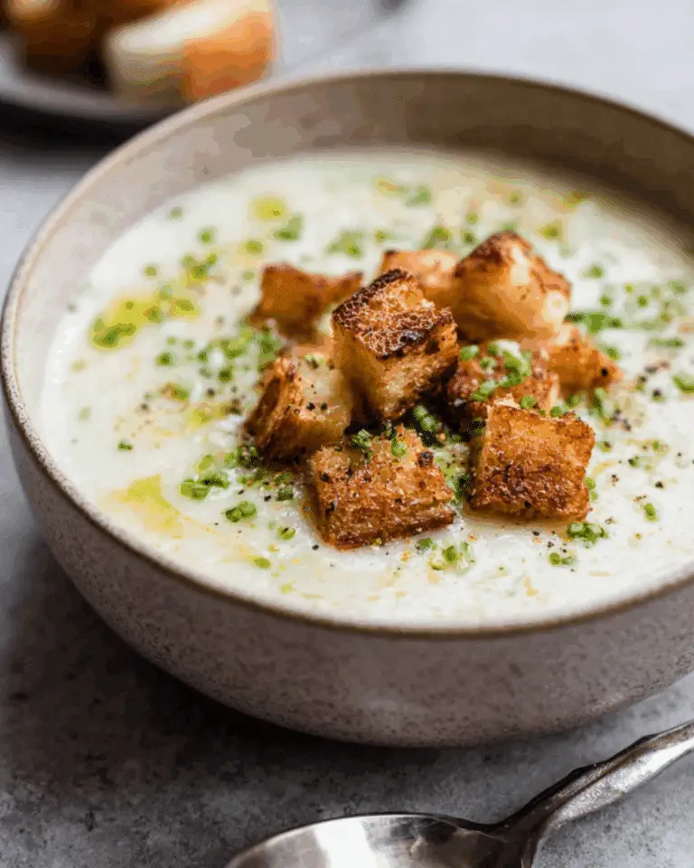 Bowl of creamy roasted garlic potato soup topped with golden croutons and chopped chives.