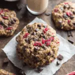 Dark Chocolate Cranberry Oatmeal Cookies stacked on parchment paper with scattered chocolate chunks