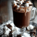 A glass mug filled with dark chocolate hot chocolate topped with marshmallows and chocolate chunks.