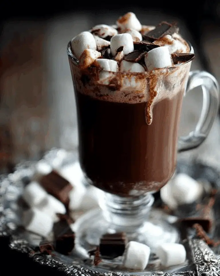 A glass mug filled with dark chocolate hot chocolate topped with marshmallows and chocolate chunks.