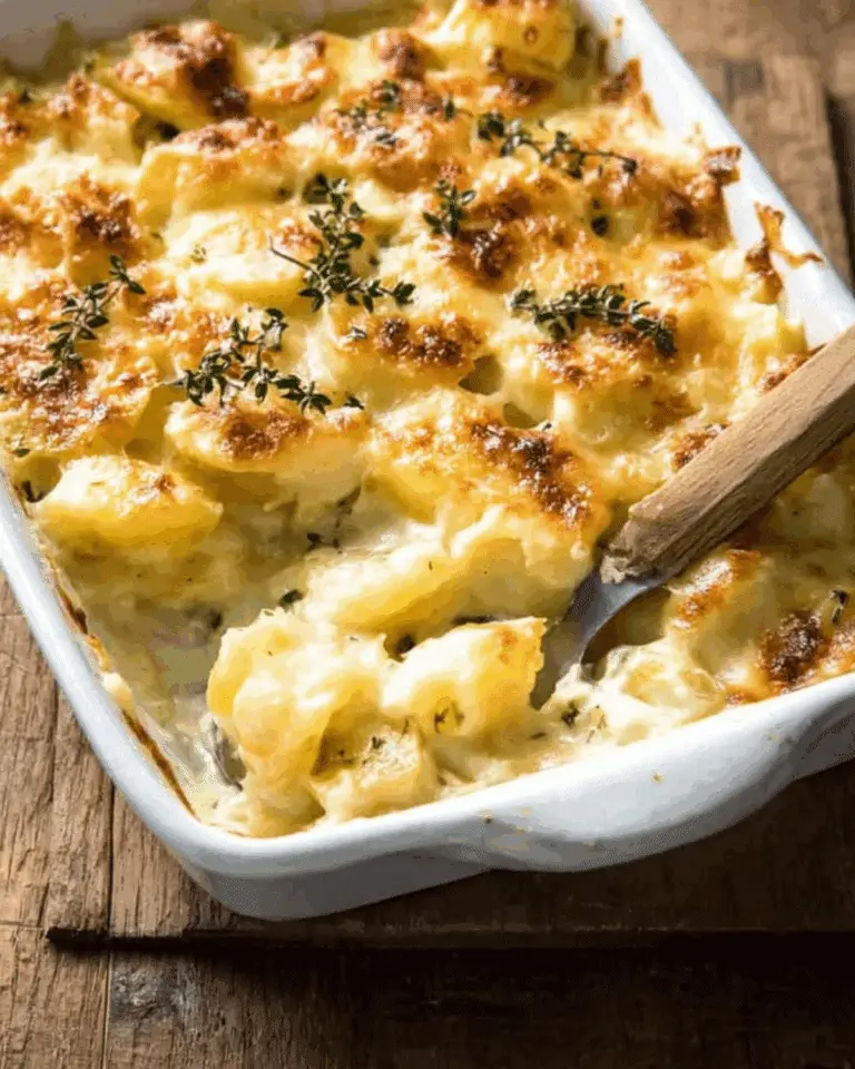 Golden baked dish of easy creamy cheesy potato bake garnished with fresh thyme in a white casserole dish.