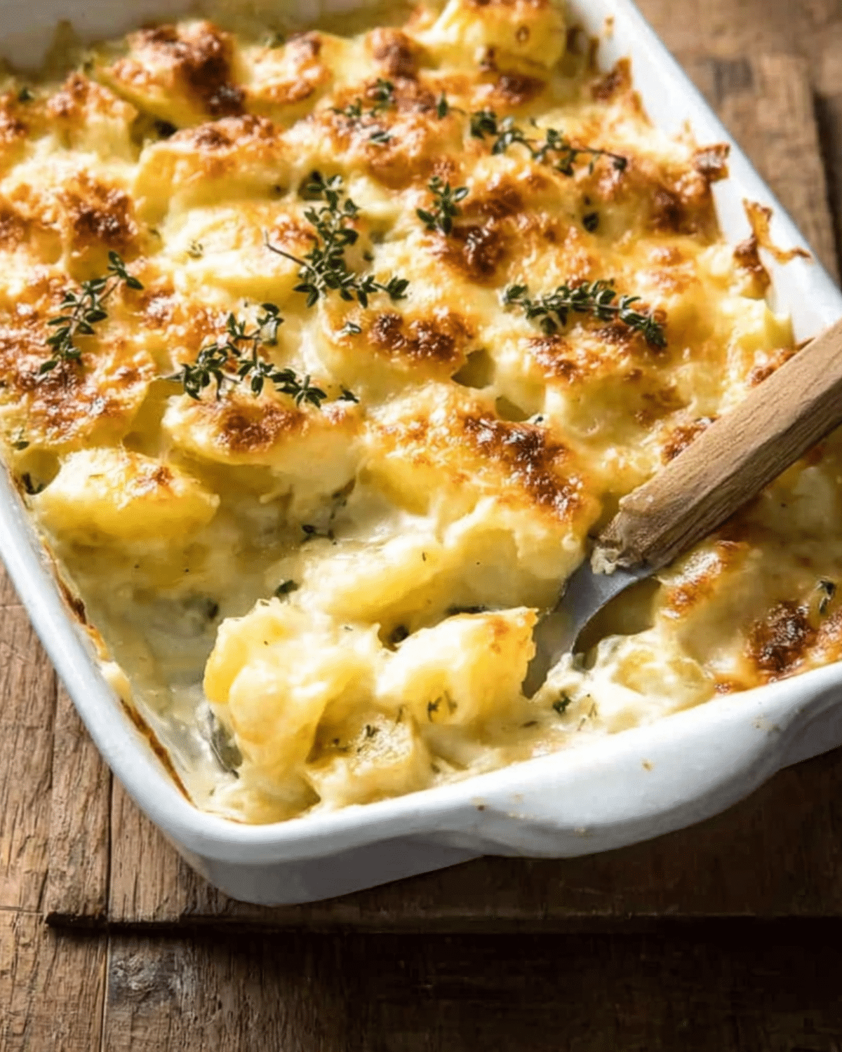 Golden baked dish of easy creamy cheesy potato bake garnished with fresh thyme in a white casserole dish.