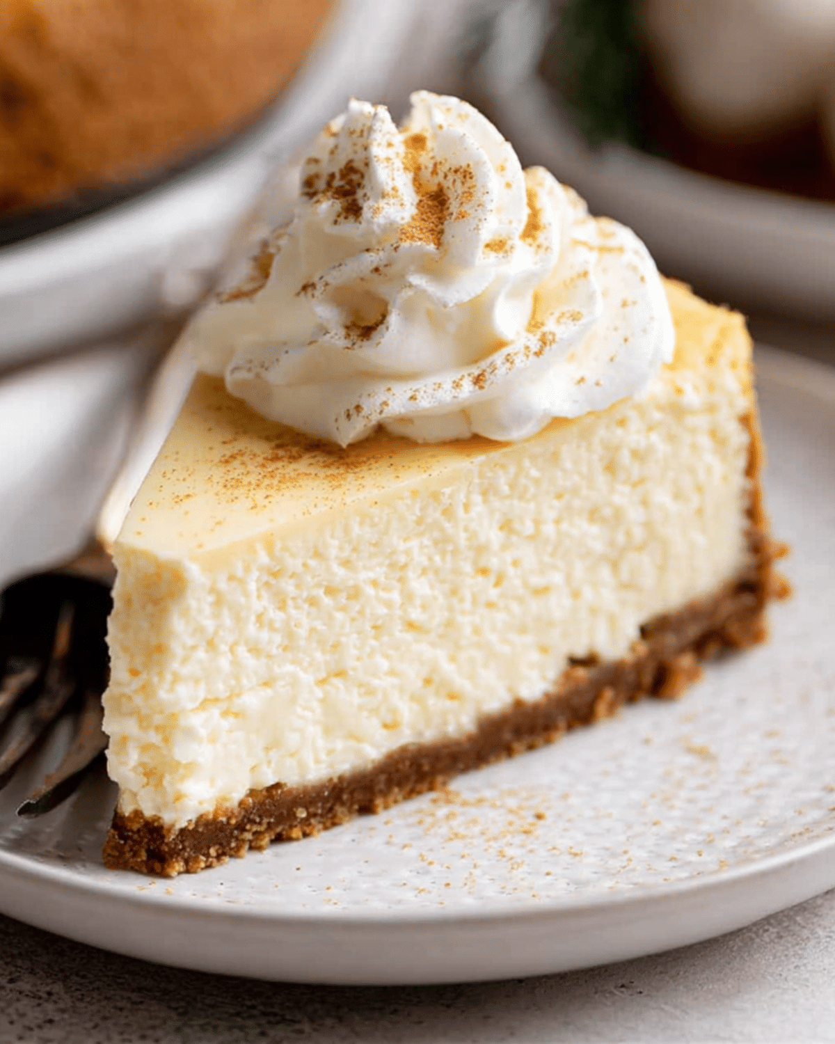 Slice of eggnog cheesecake with a graham cracker crust, topped with whipped cream and sprinkled with nutmeg.