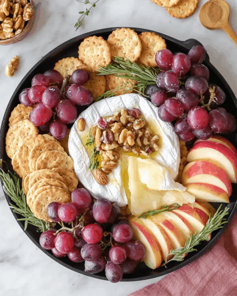 Festive baked brie topped with honey and nuts, served with crackers, red grapes, and sliced apples on a black platter.