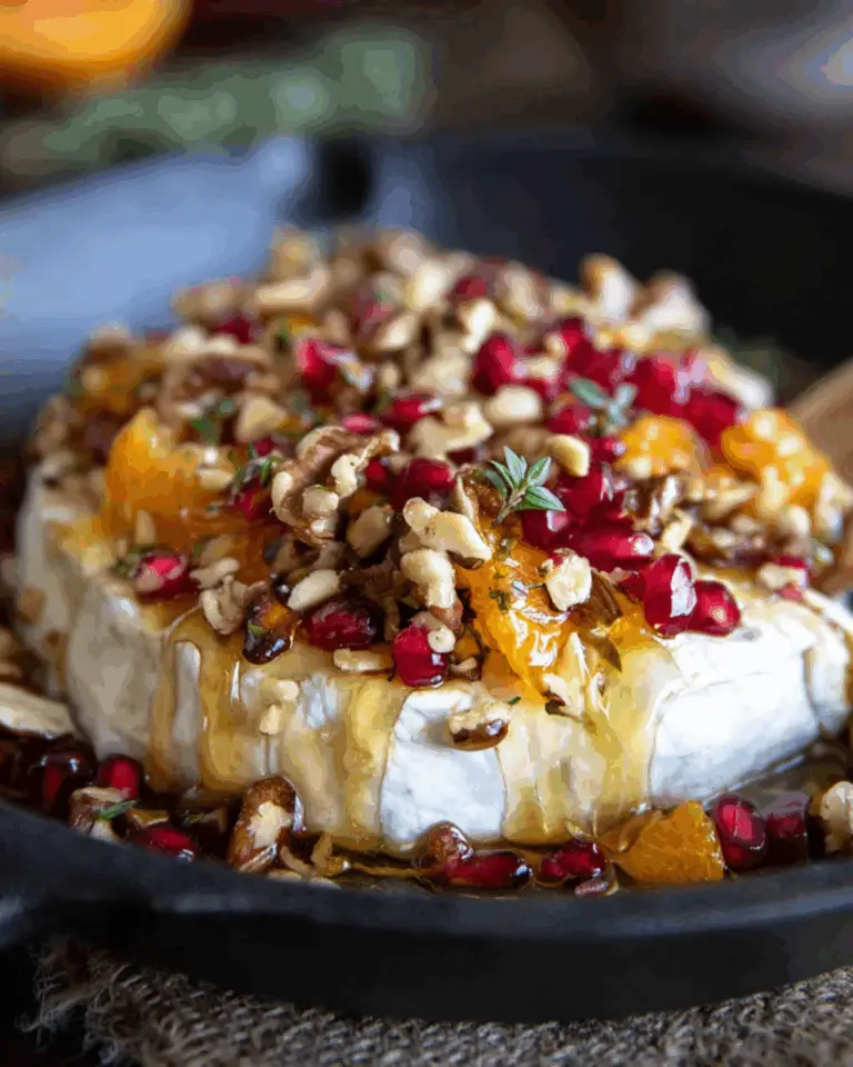 Festive brie topped with honey, nuts, pomegranate seeds, and orange segments in a cast iron skillet.