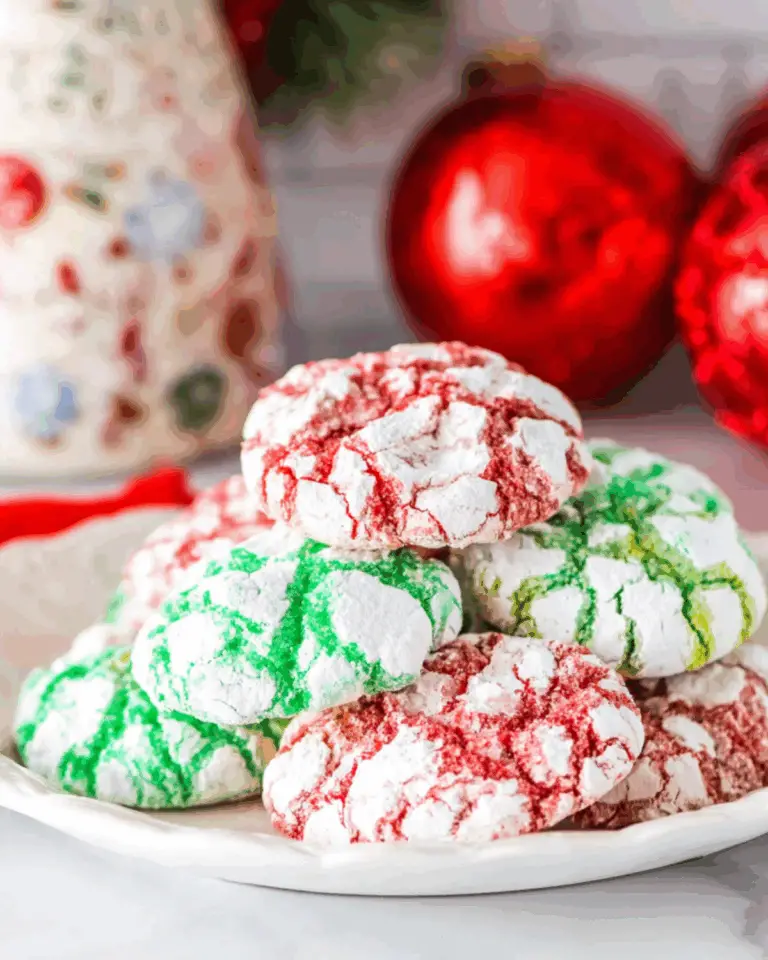Plate of festive crinkle cookies in red and green colors, dusted with powdered sugar.