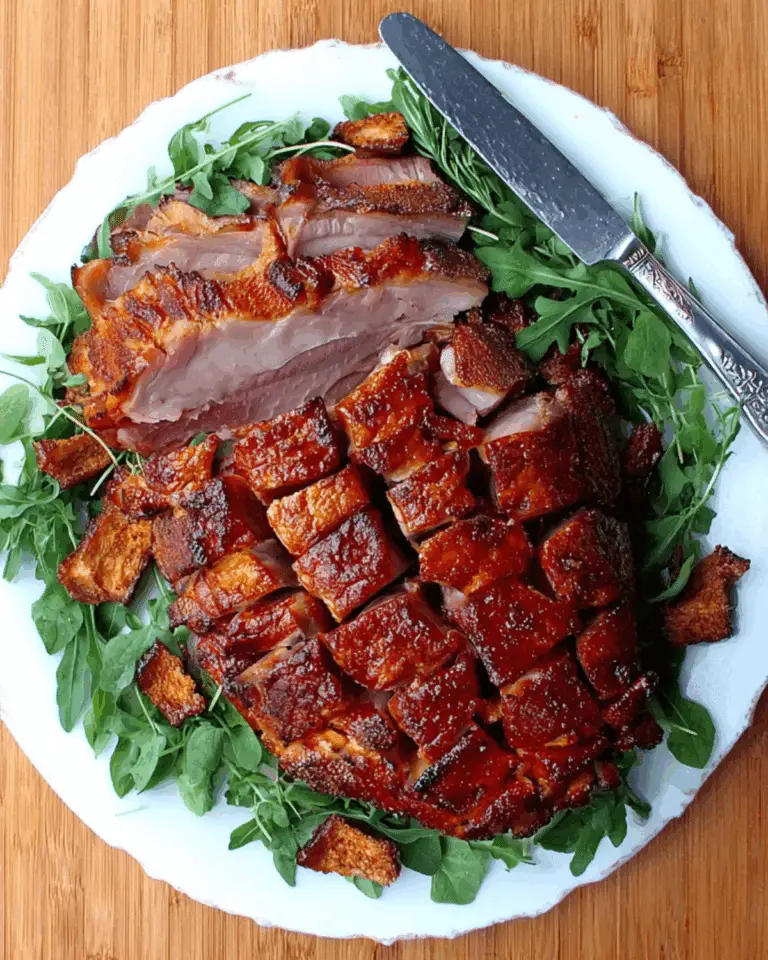 Fresh ham with cracklings, sliced and served on a white plate over a bed of arugula with a knife placed on the side.