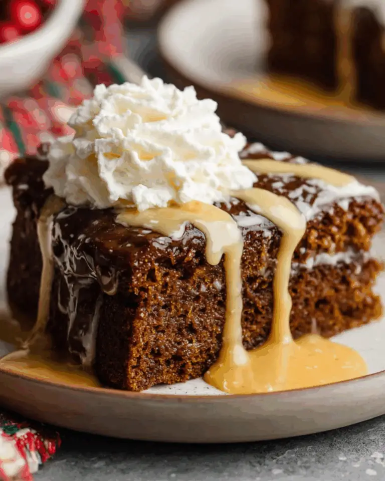 A slice of moist gingerbread cake topped with whipped cream and drizzled with creamy vanilla sauce.