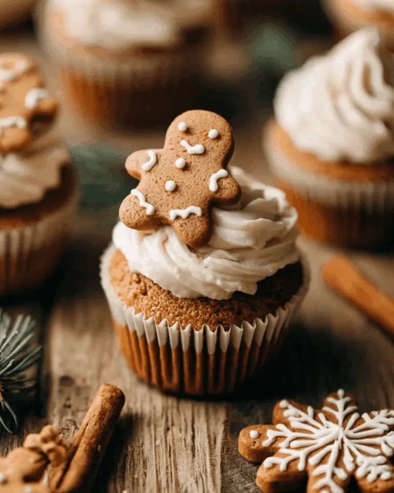 Gingerbread cupcake topped with swirled frosting and a mini gingerbread man cookie on a rustic wooden table.