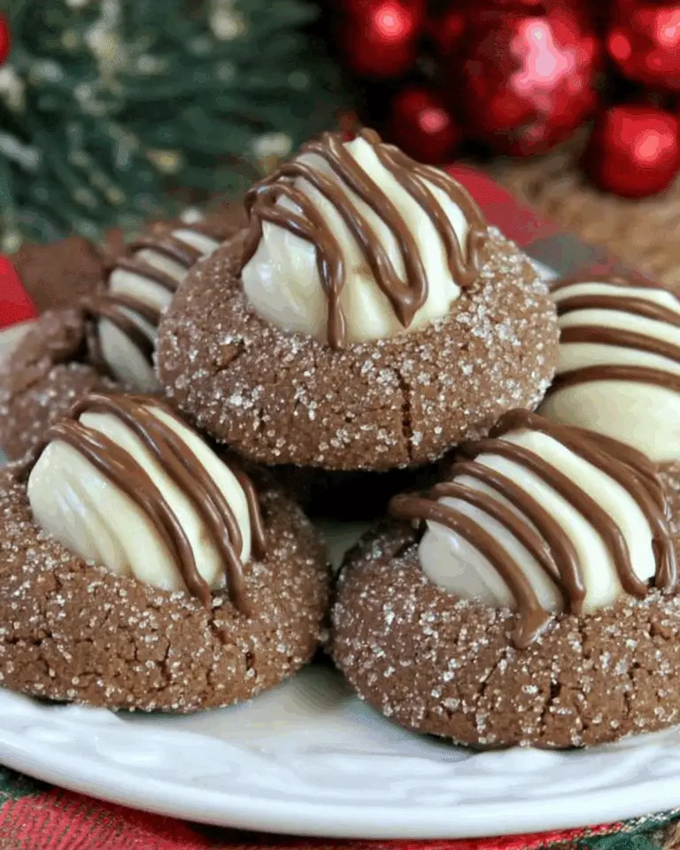 Plate of Gingerbread Kiss Cookies topped with white chocolate kisses and drizzled with milk chocolate.