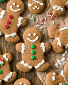 Assorted Gingerbread Men Cookies decorated with icing and colorful candy on a wooden surface.