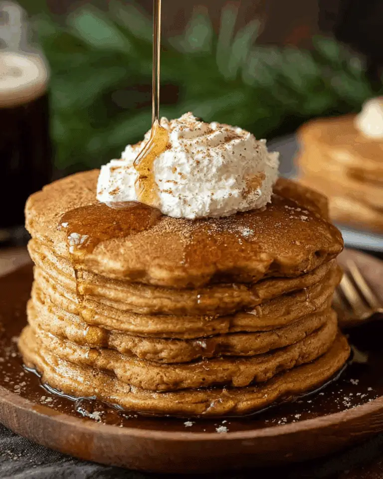 Stack of fluffy gingerbread pancakes topped with whipped cream, cinnamon, and maple syrup being poured over.