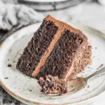 Slice of rich Hershey's Chocolate Cake with chocolate frosting on a plate and a forkful taken.