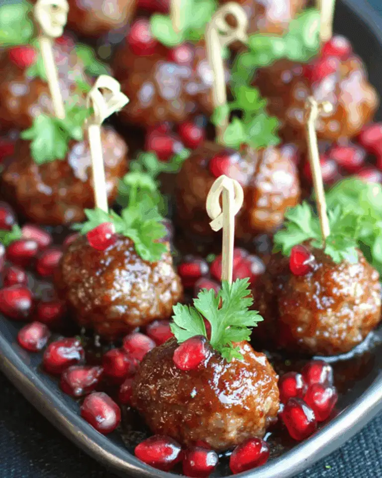 Glazed holiday meatballs garnished with fresh parsley and pomegranate seeds, served on a platter with cocktail picks.