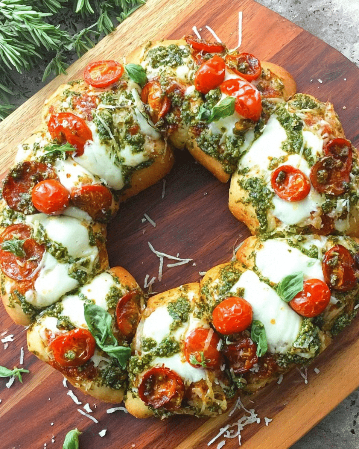 Holiday Wreath Pizza topped with melted mozzarella, cherry tomatoes, pesto, and fresh basil on a wooden board.