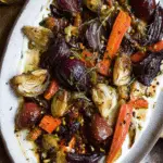A plate of honey roasted winter vegetables including carrots, onions, and red potatoes garnished with herbs.