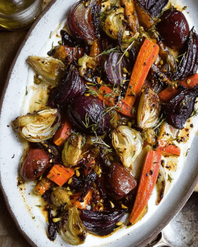 A plate of honey roasted winter vegetables including carrots, onions, and red potatoes garnished with herbs.