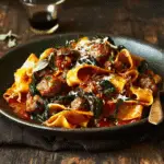 A rustic plate of Italian Sausage & Chestnut Pasta topped with grated cheese, wilted greens, and served in a rich tomato sauce.