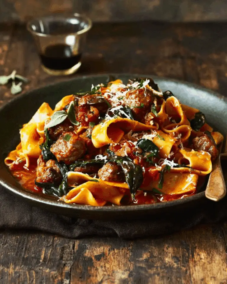 A rustic plate of Italian Sausage & Chestnut Pasta topped with grated cheese, wilted greens, and served in a rich tomato sauce.
