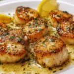 Seared lemon garlic scallops garnished with parsley and served in a buttery garlic sauce with lemon wedges.