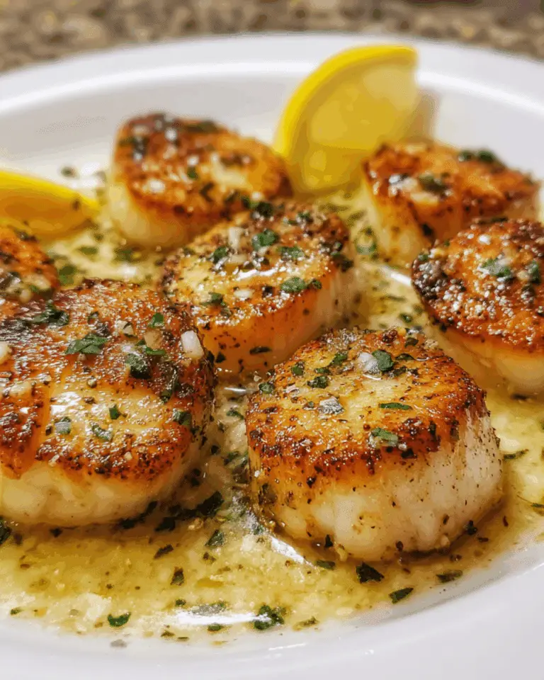 Seared lemon garlic scallops garnished with parsley and served in a buttery garlic sauce with lemon wedges.