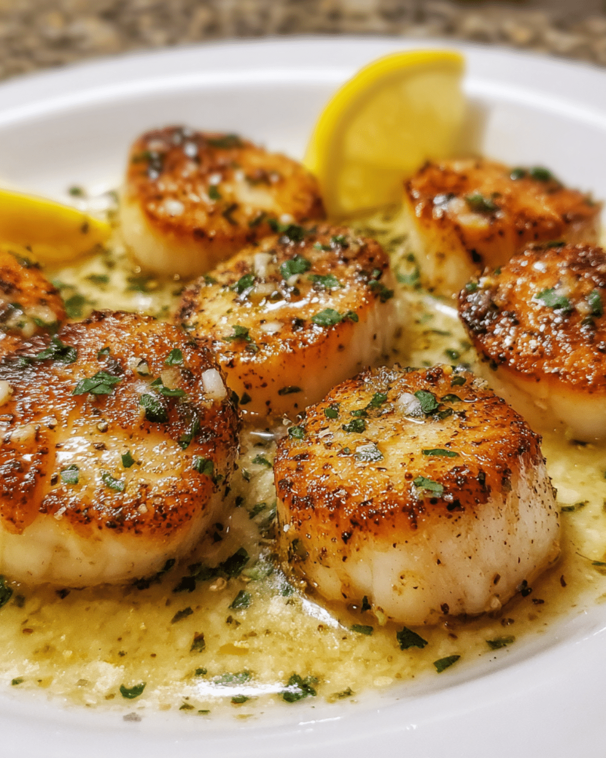 Seared lemon garlic scallops garnished with parsley and served in a buttery garlic sauce with lemon wedges.