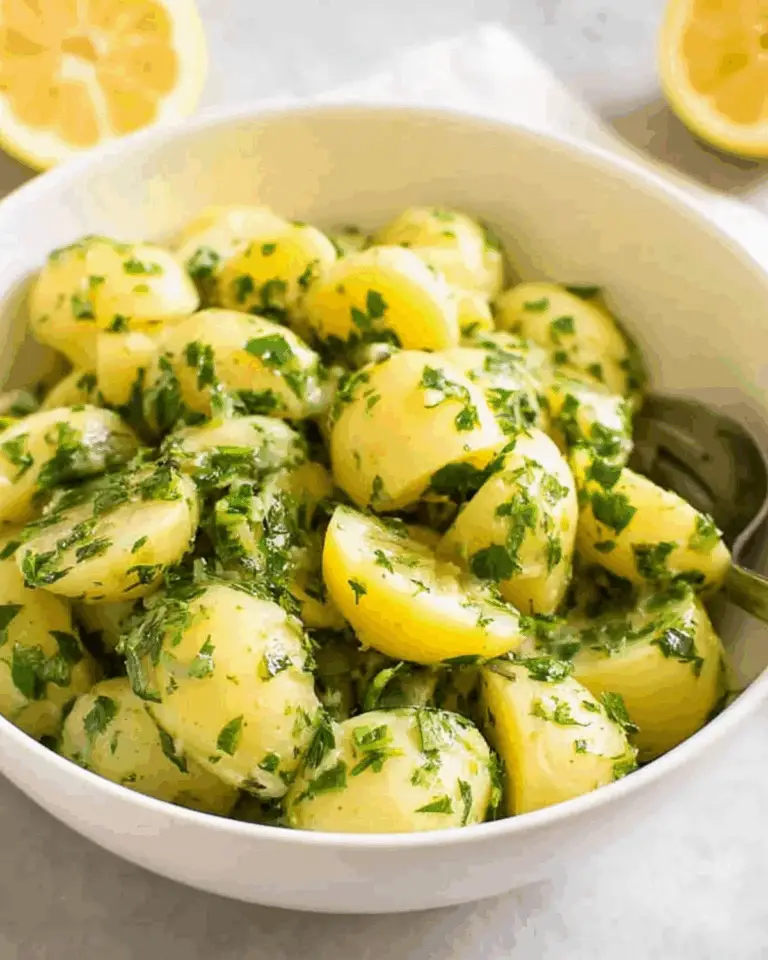 Bowl of lemon potato salad made with baby potatoes, fresh herbs, and a lemon vinaigrette dressing.