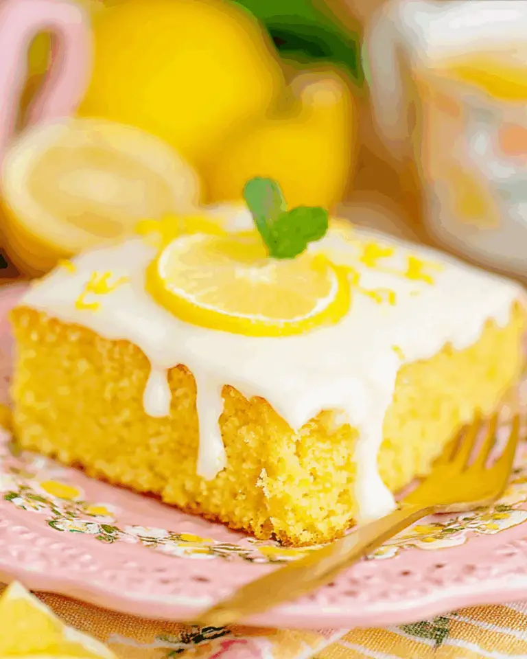Slice of lemon sheet cake with white icing, topped with a lemon slice and mint on a floral pink plate.