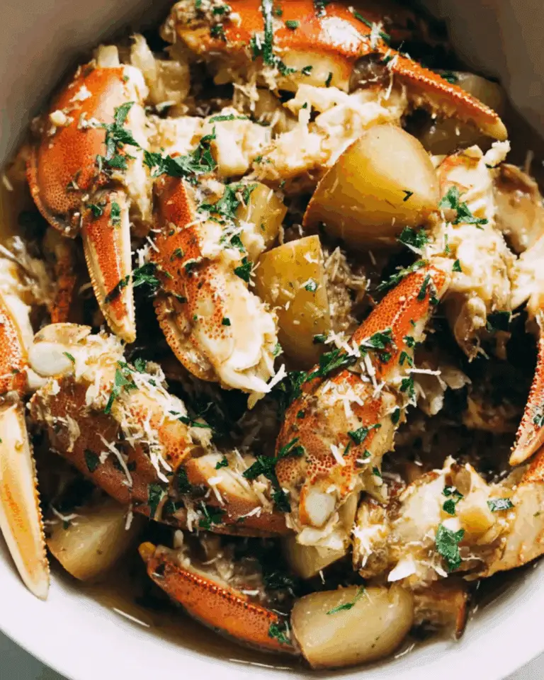 Marinated Louisiana crab claws with potatoes, herbs, and shredded cheese in a flavorful broth.