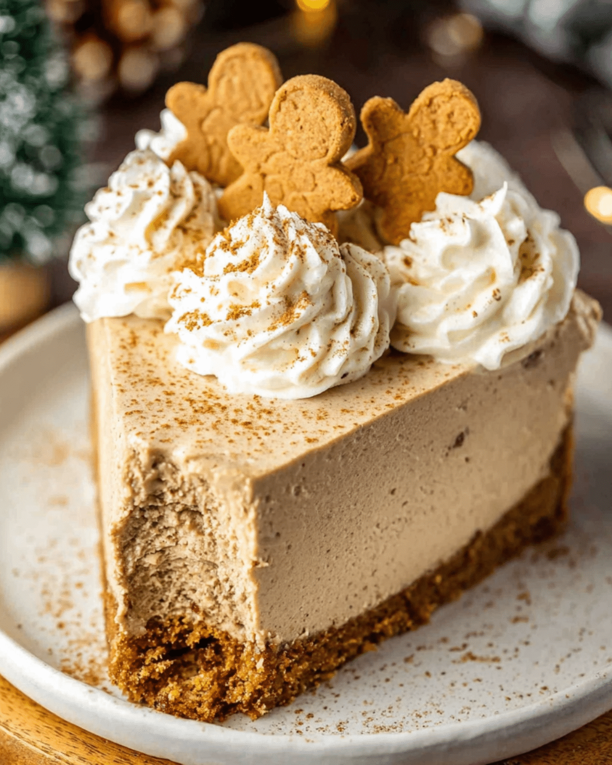 A slice of no bake gingerbread cheesecake topped with whipped cream and mini gingerbread cookies on a white plate.
