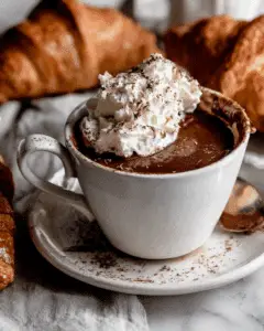 Cup of rich Paris Hot Chocolate topped with whipped cream and chocolate shavings, surrounded by croissants.