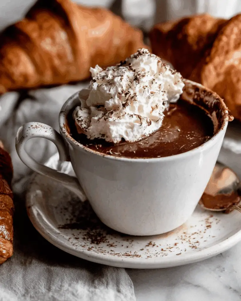 Cup of rich Paris Hot Chocolate topped with whipped cream and chocolate shavings, surrounded by croissants.
