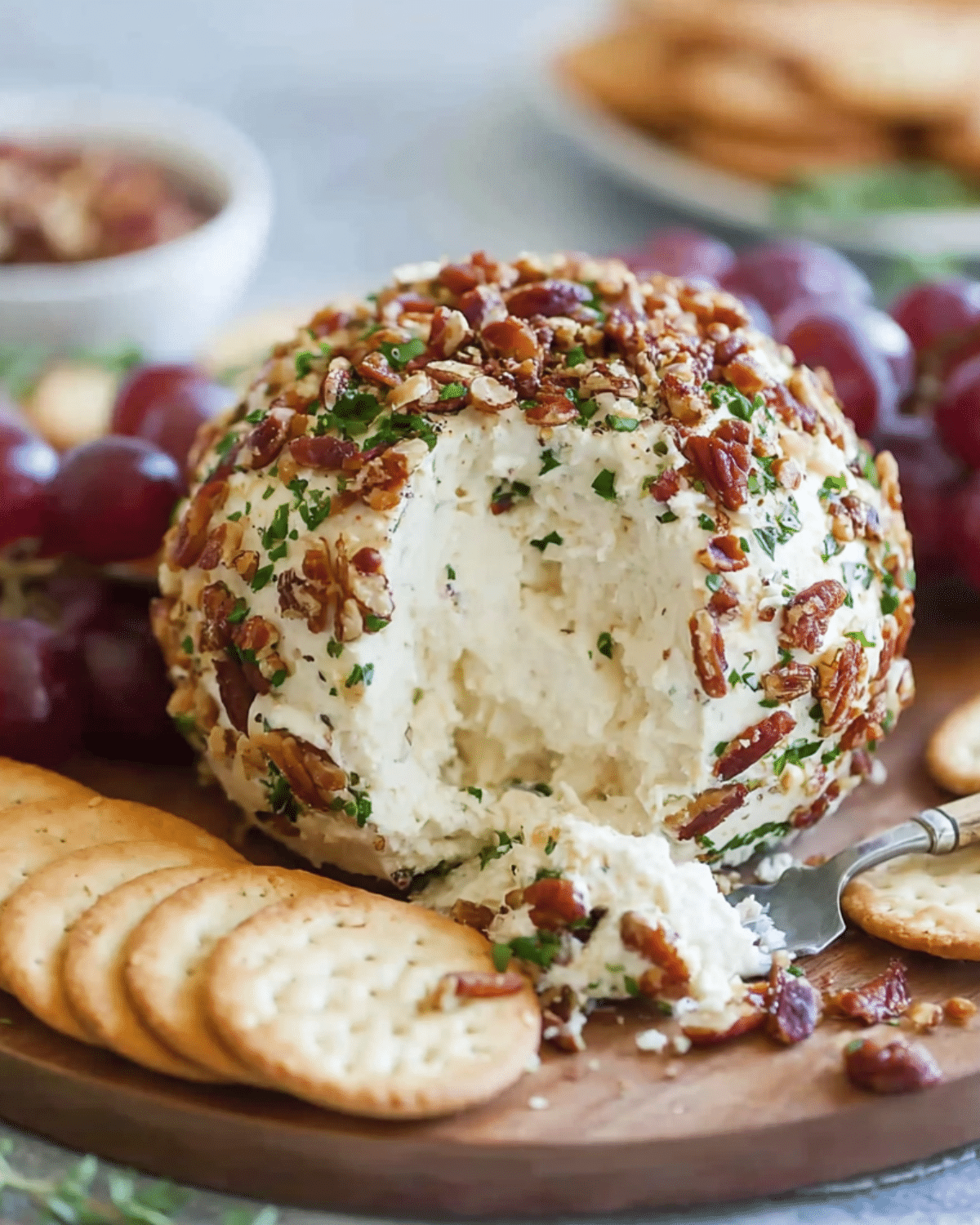 A creamy party cheese ball coated in chopped pecans and herbs, served with crackers and grapes on a wooden board.