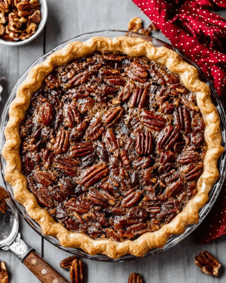 Whole pecan pie with a golden, flaky crust and a rich, glossy pecan filling in a glass pie dish.